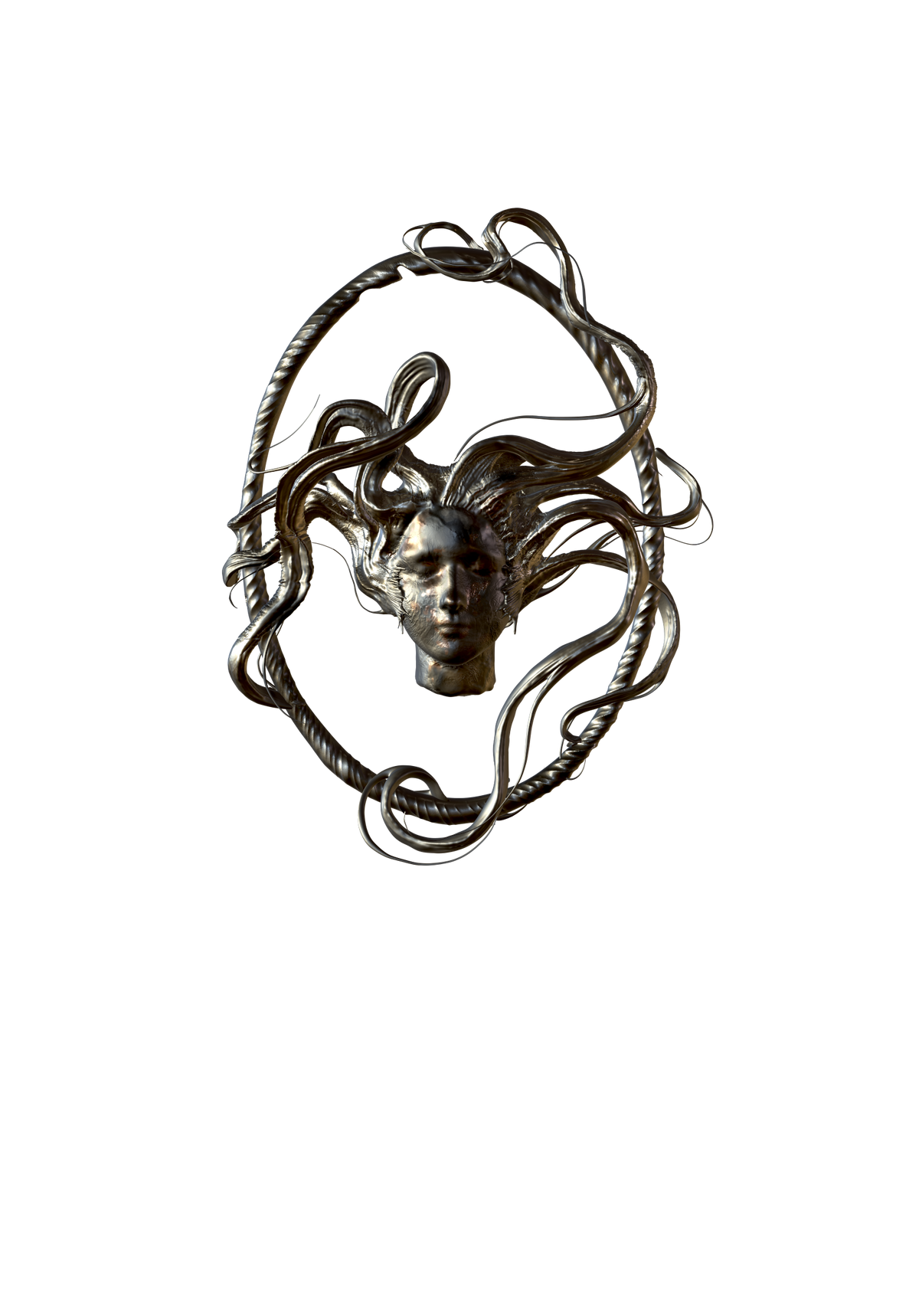 POLEWARD metal portrait sculpture with an oval frame and flowing strands