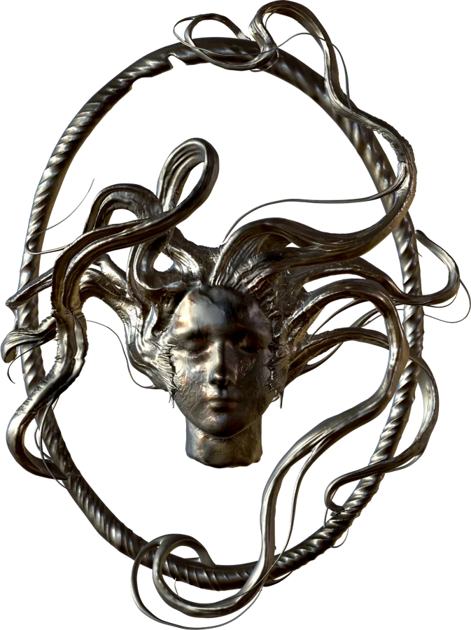 POLEWARD metal portrait sculpture with an oval frame and flowing strands